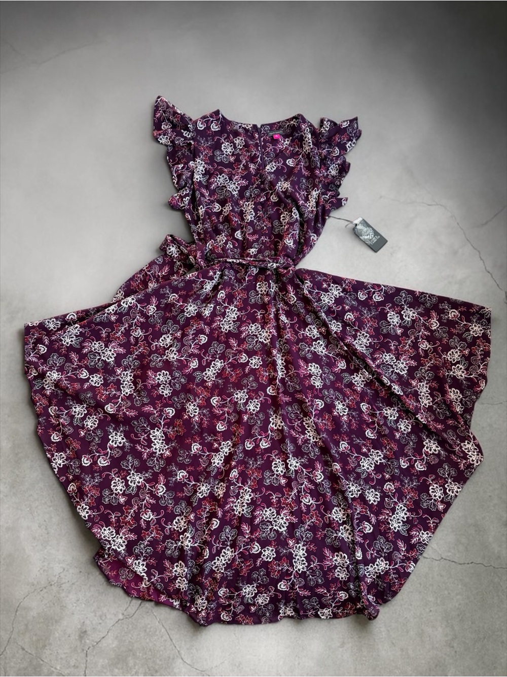 NWT Vince Camuto Floral High Low Maxi Dress Medium Burgundy Flutter Sleeve - Picture 5 of 12